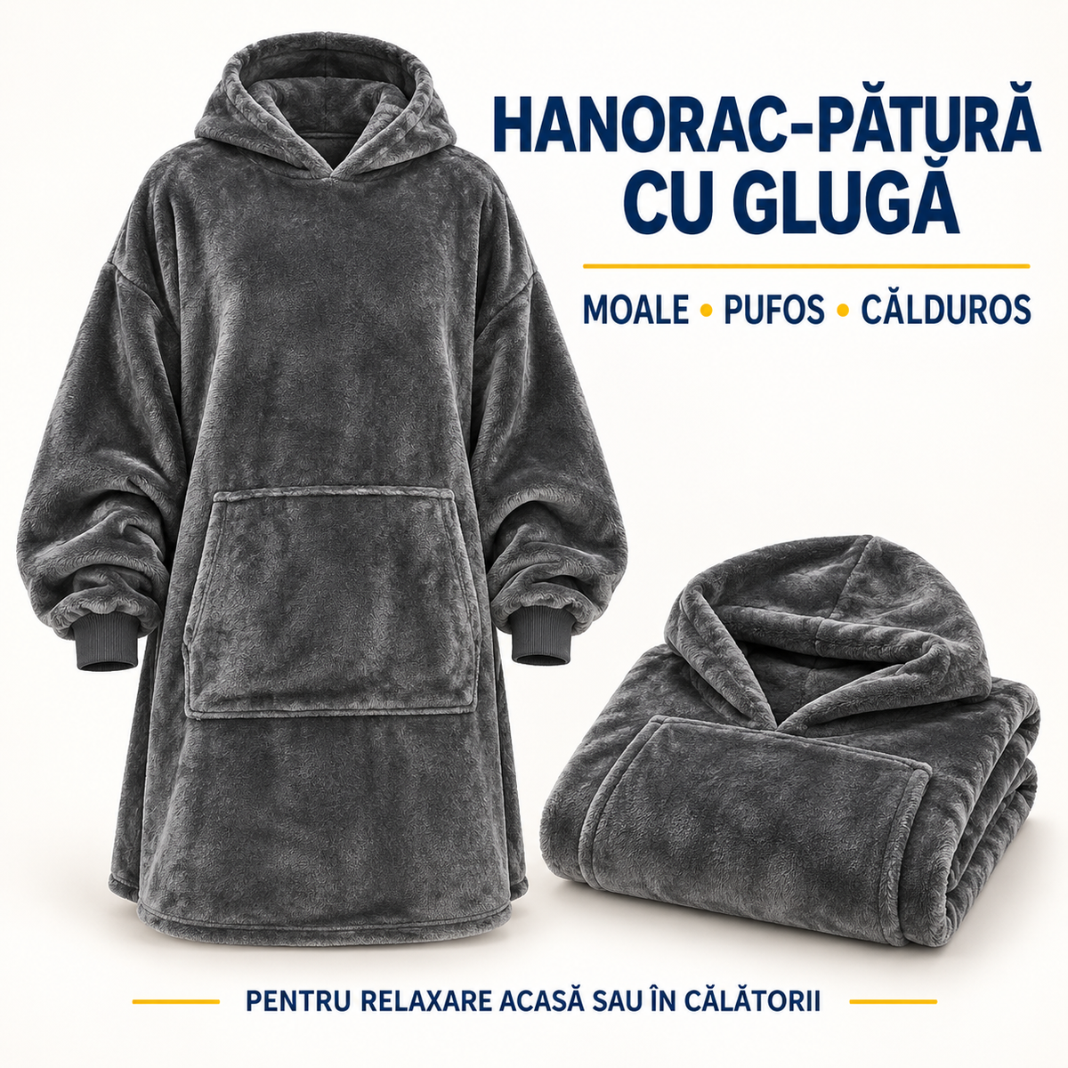 Hanorac-Pătură cu Blăniță, foarte Pufos și Călduros, cu Glugă și Buzunare, pentru Bărbați și Femei, mărime Universală