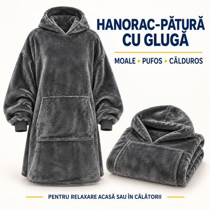 Hanorac-Pătură cu Blăniță, foarte Pufos și Călduros, cu Glugă și Buzunare, pentru Bărbați și Femei, mărime Universală
