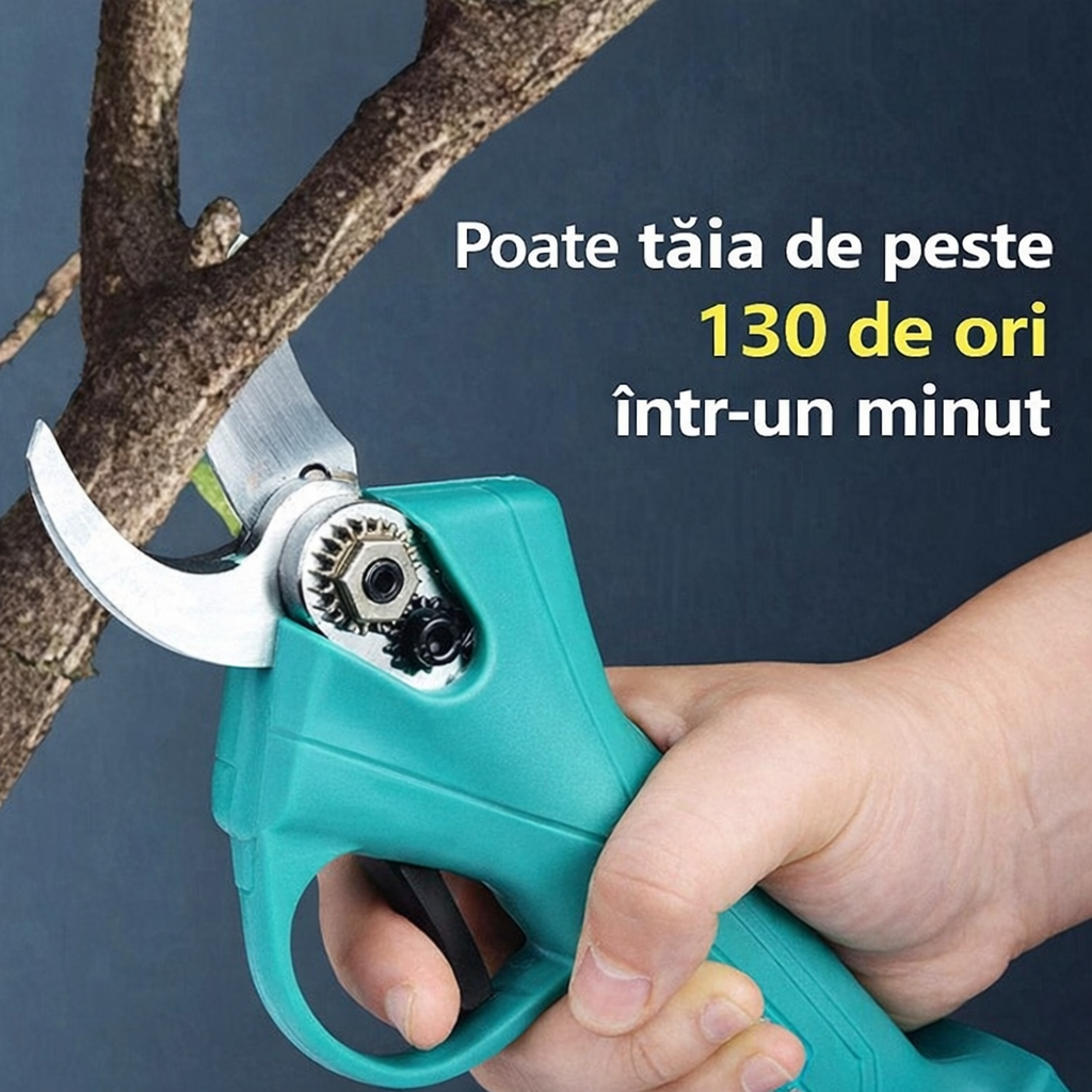 Foarfecă Electrică pentru Tuns Pomi, Crengi sau Vie, cu 2 Acumulatori (48V), Lame Puternice  din Oțel + CADOU: Mănuși de Protecție din Țesătură și Cauciuc