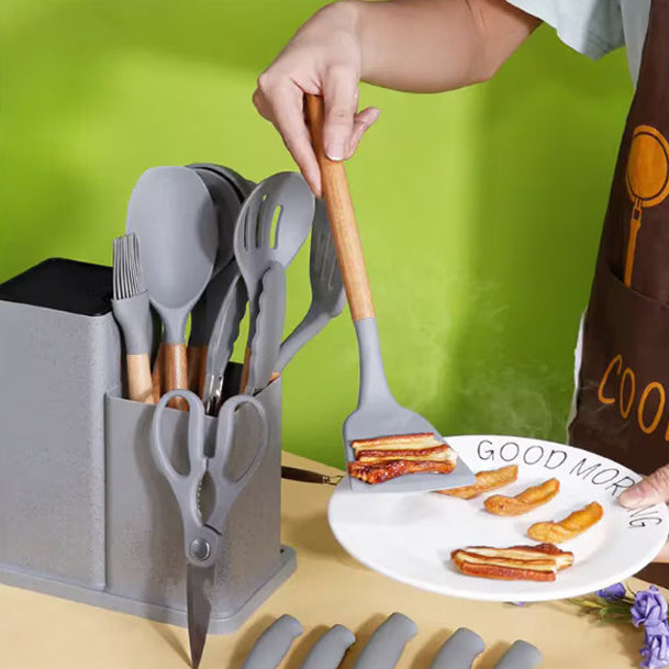 Set 19 Piese Ustensile Bucătărie, din Silicon Alimentar si Lemn, Termorezistente, Include 11 Ustensile, 5 Cuțite, 1 Tocător, 1 Foarfecă și Suport