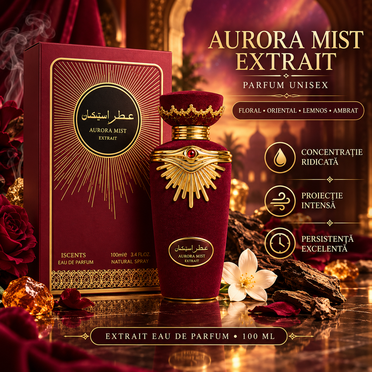 Apă de Parfum Oriental Premium, 100ml, Persistență Îndelungată, Unisex (3 Arome la Alegere: Velvet Embrace, Arabic, Aurora Mist)