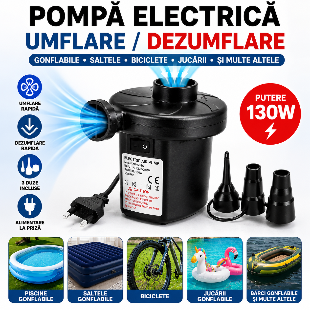 Pompă Electrică pentru Umflare / Dezumflare Piscine, Saltele, Biciclete, Jucării