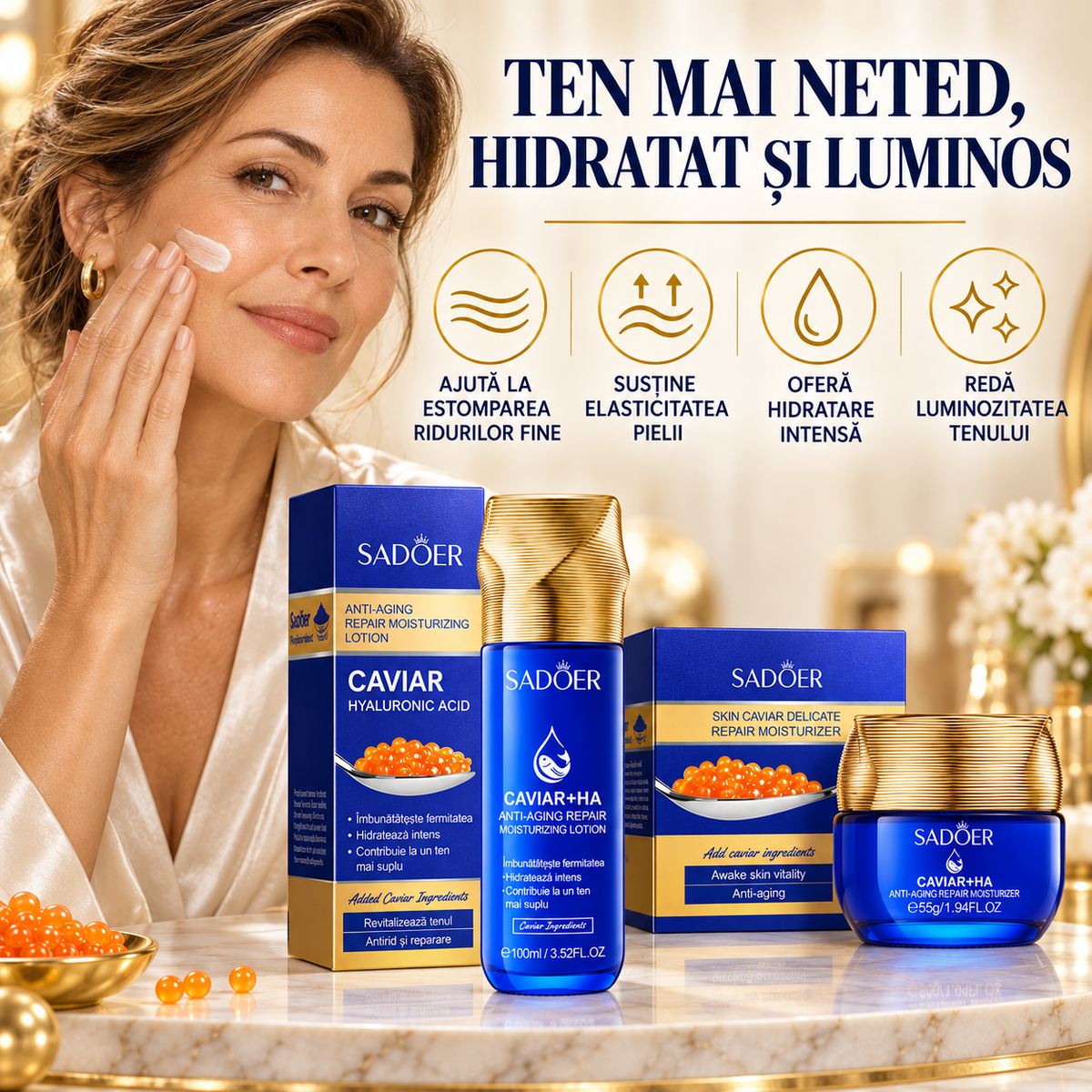 Pachet Îngrijire Ten: Cremă Antirid 55g cu Caviar și Acid Hialuronic + Loțiune Hidratantă 100ml cu Caviar și Acid Hialuronic, DUO Anti-Îmbătrânire, Anti-Riduri, Redă Fermitate și Aspectul Tânăr al Tenului