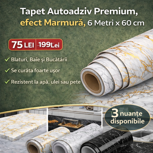 Tapet Autocolant PREMIUM, tip Marmură, pentru Blaturi, Mobilier, Bucătărie, Ușor de Montant, Rezistent la Apă, Curățare Extrem de Ușoară, Lungime 6 Metri, Lățime 60cm