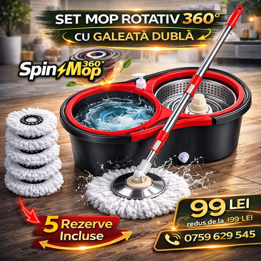 Set Mop Rotativ 360° cu Găleată Dublă de 8 Litri, Mâner Inox Telescopic, 5 Rezerve Microfibră Incluse