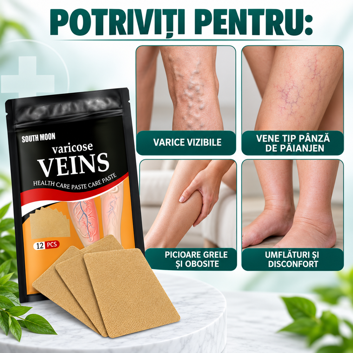 Set 120 Plasturi Naturali pentru Varice, Vene tip Pânză de Păianjen și Picioare Obosite (Extracte din Plante Medicinale, Efect Termic)