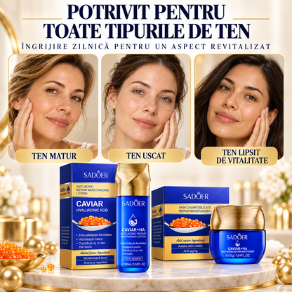 Pachet Îngrijire Ten: Cremă Antirid 55g cu Caviar și Acid Hialuronic + Loțiune Hidratantă 100ml cu Caviar și Acid Hialuronic, DUO Anti-Îmbătrânire, Anti-Riduri, Redă Fermitate și Aspectul Tânăr al Tenului