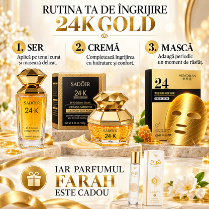 Set Îngrijire Ten 24K Golden Collagen - Cremă Anti-Rid, Ser cu Acid Hialuronic și 5 Măști Fagure Aurii + CADOU Parfum Arăbesc Farah (40ml+40ml+5x28ml+35ml)