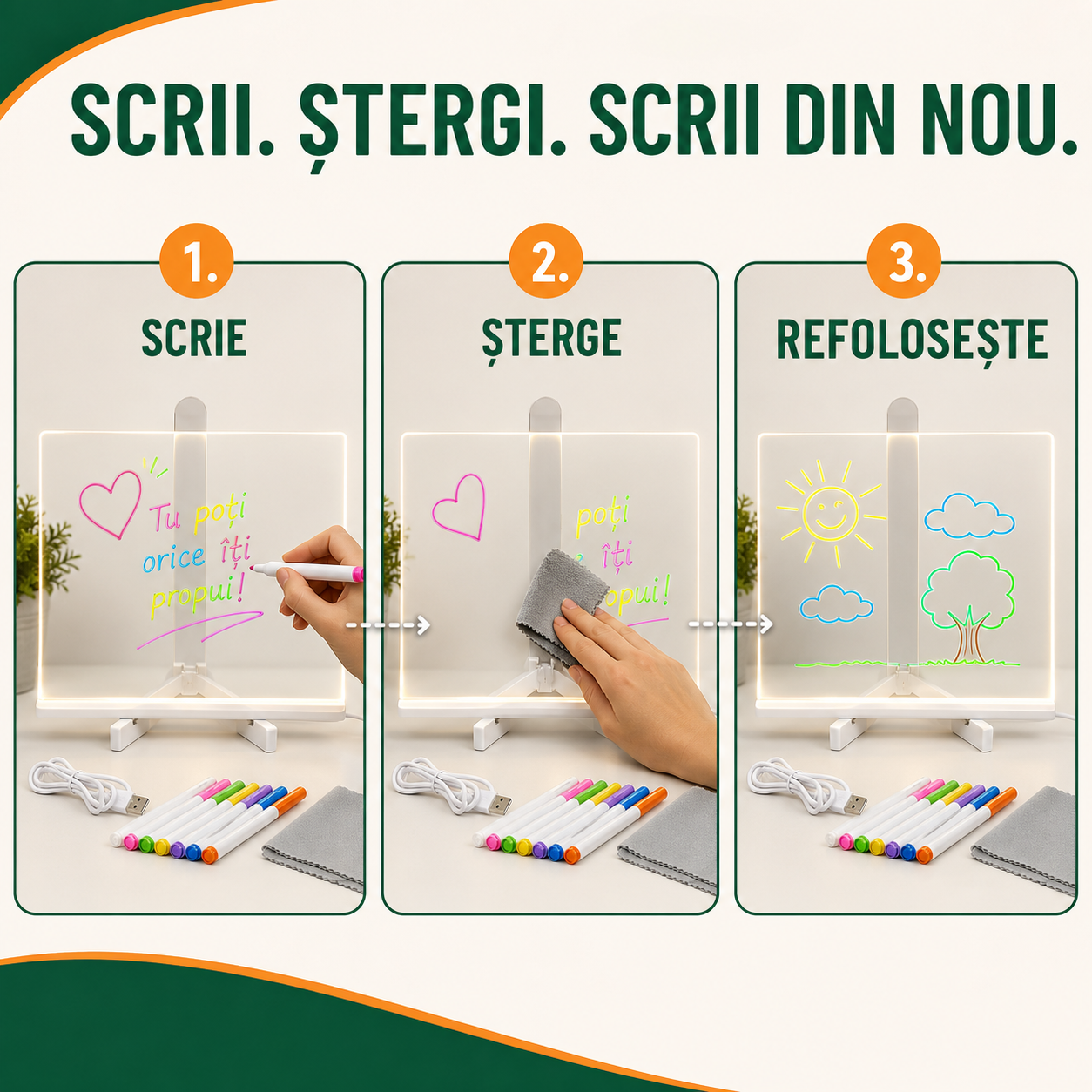 1+1 GRATIS | Set Tăbliță LED cu Suport pentru Desenat sau Scris Mesaje, Reutilizabilă, cu 7 Carioci și Lavete pentru Șters, ideală pentru Copii (Desenat, Scris, Pictat) sau pentru Adulți (Notițe, Memo, Mesaje), Dimensiune 30x20cm, Alimentare USB