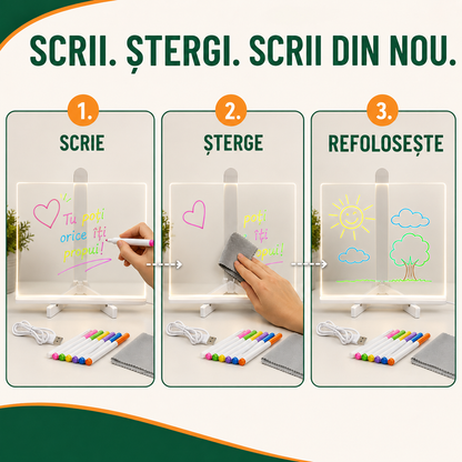 1+1 GRATIS | Set Tăbliță LED cu Suport pentru Desenat sau Scris Mesaje, Reutilizabilă, cu 7 Carioci și Lavete pentru Șters, ideală pentru Copii (Desenat, Scris, Pictat) sau pentru Adulți (Notițe, Memo, Mesaje), Dimensiune 30x20cm, Alimentare USB