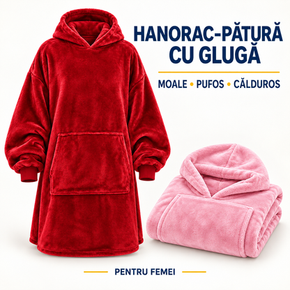 Hanorac-Pătură cu Blăniță, foarte Pufos și Călduros, cu Glugă și Buzunare, pentru Bărbați și Femei, mărime Universală, Roșu sau Roz