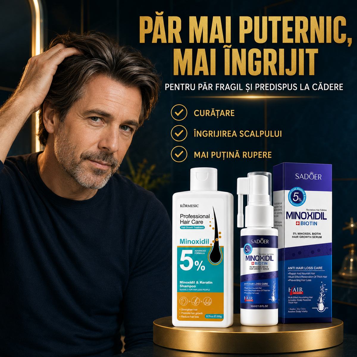 Pachet pentru Creșterea Părului și Anti-Cădere: Șampon cu Minoxidil 5% și Keratină, 265g + Set pentru Scalp cu Minoxidil 5% + Biotin, 30ml