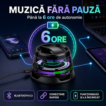 1+1 Gratis | Boxă Portabilă Bluetooth, Prindere Magnetică, Funcție Suport Telefon, Joc de Lumini, Sunet Clar și Puternic (5W), Bass Bun, Rezistentă la Apă, Autonomie Mare (6-8 ore)