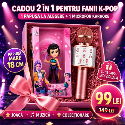 Set K-POP: Păpușă K-Pop Demon Hunters 18cm, cu Accesorii și Cutie Cadou + Microfon Wireless cu Boxă pentru Karaoke (Bluetooth si Radio)