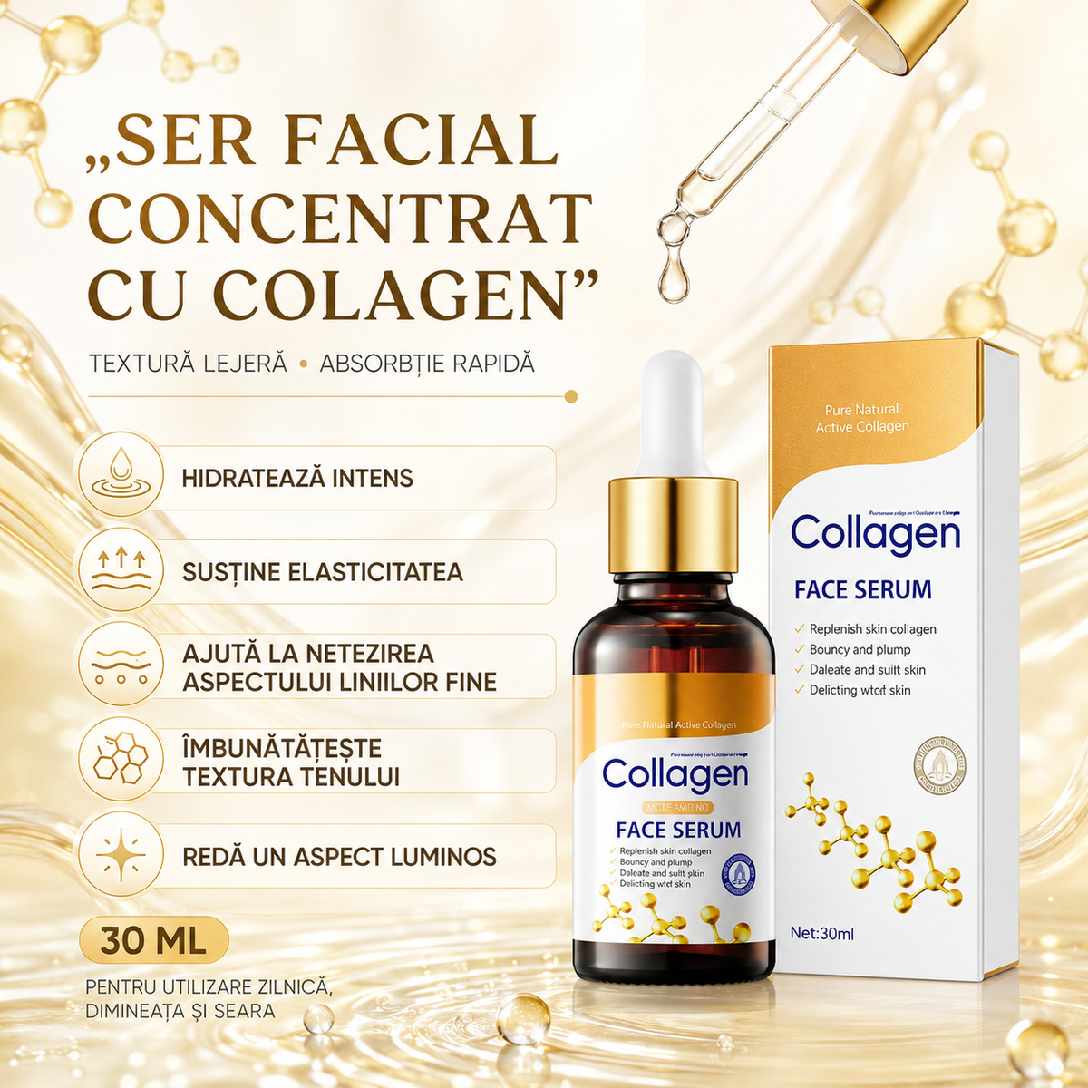 Pachet Îngrijire Ten: Cremă 24K Golden Collagen + Ser Facial Collagen, DUO Anti-Îmbătrânire, Anti-Riduri, Redare Aspect Tânăr și Fermitatea Tenului