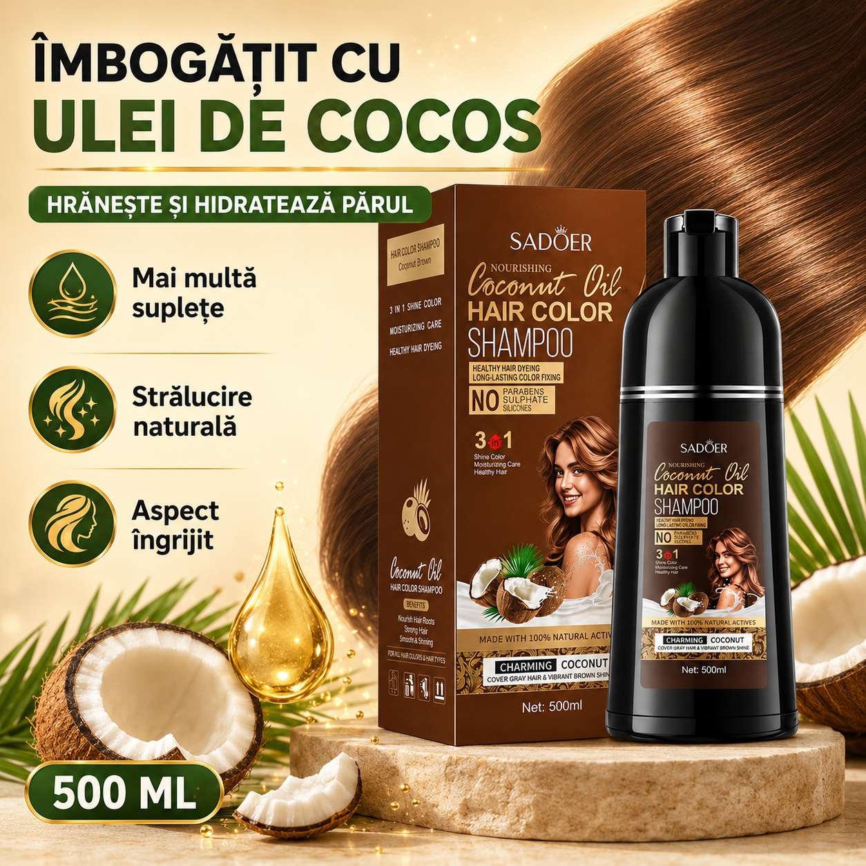 Pachet Îngrijire Păr: Șampon Nuanțator 3-în-1, cu Ulei de Cocos, 500ml + Șampon Esență Anti-Cădere și Refacere Păr, cu Ghimbir, 500ml