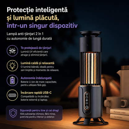 Model 1 | Lampă Anti-Țânțari 2 în 1 cu Lumină UV si Plasă Electrică de Înaltă Tensiune, Temporizare 3 Trepte, Portabilă, Silențioasă, Acoperire 360°