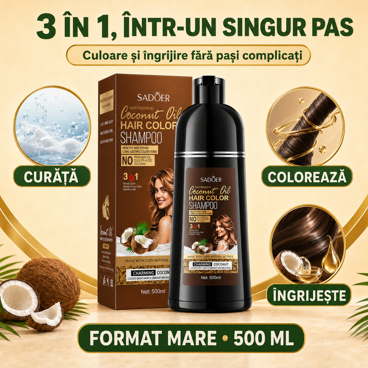 Șampon Nuanțator 3-în-1 (Colorează, Îngrijește și Hrănește Părul), cu Ulei de Cocos, Acoperă Efiecient Firele Albe, ideal pentru Femei și Bărbați, 500ml