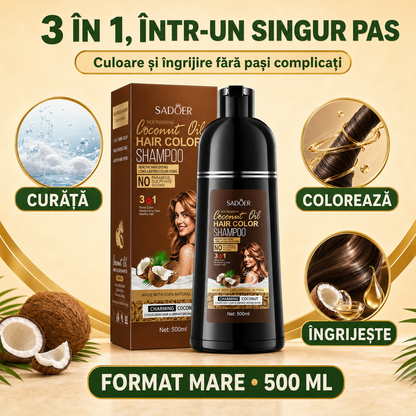Șampon Nuanțator 3-în-1 (Colorează, Îngrijește și Hrănește Părul), cu Ulei de Cocos, Acoperă Efiecient Firele Albe, ideal pentru Femei și Bărbați, 500ml