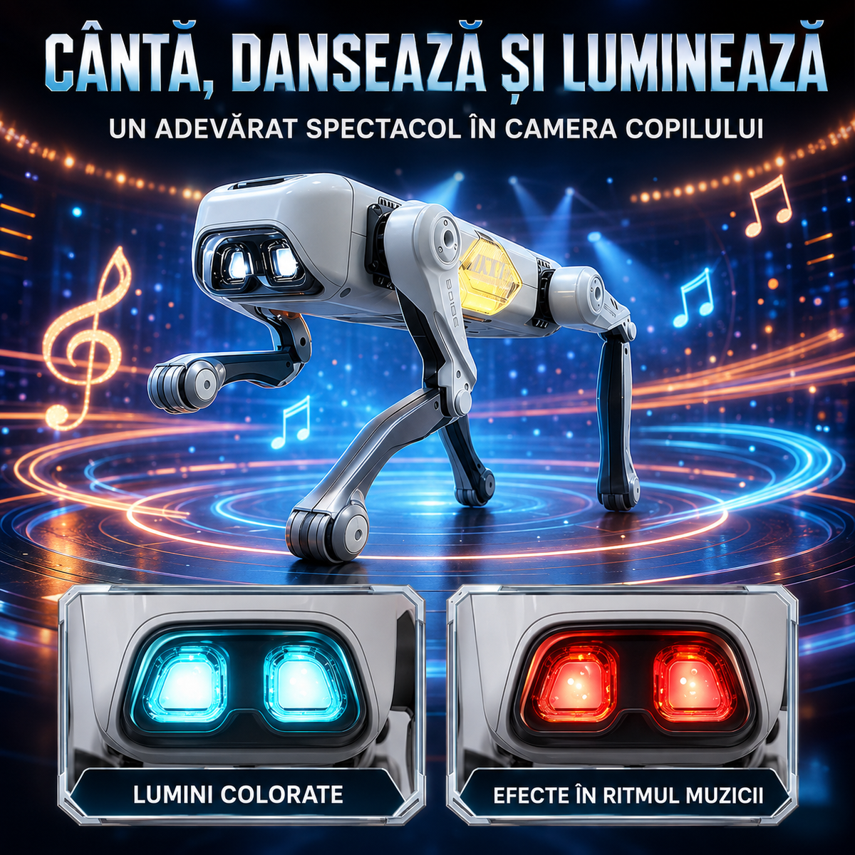 Robot Câine Inteligent, Programabil, Control prin Telecomandă, Aplicație sau Comenzi Vocale, 20+ Funcții Interactive (Muzică, Dans, Lumini LED, Imită Înotul, Stă în 2 Labe, etc.)