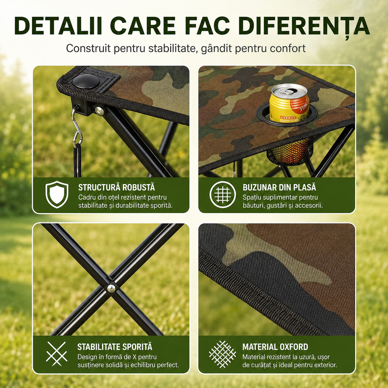 Set Masă (40x45cm) și 2 Scaune (60x30cm) Pliabile, pentru Camping, Picnic, Pescuit sau alte Activități, Geantă Transport Inclusă, Masă cu Suport Pahare/Sticle