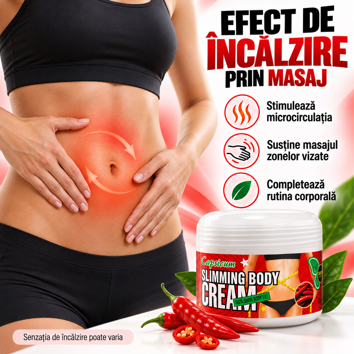 Cremă Remodelare Corporală, Ajută la SLĂBIRE, ANTI-CELULITĂ și TONIFIERE, cu Ardei Iute, L-Carnitina și Extracte de Alge Marine și Cacao, 230ml