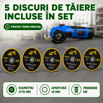Set Complet: Flex Unghiular 10.000 RPM + Bormașină 1.400 RPM, cu 2 Acumulatori Li-ion Incluși, 5 Discuri Ø76mm, Încărcător