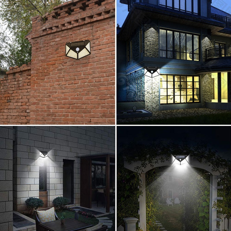 Lămpi Solare cu 100 LED-uri, 3 Moduri Iluminare, Senzor de Mișcare, Rezistență la Ploaie (IP65), Mod Automat Noapte, Unghi Mare de Iluminare 270 Grade