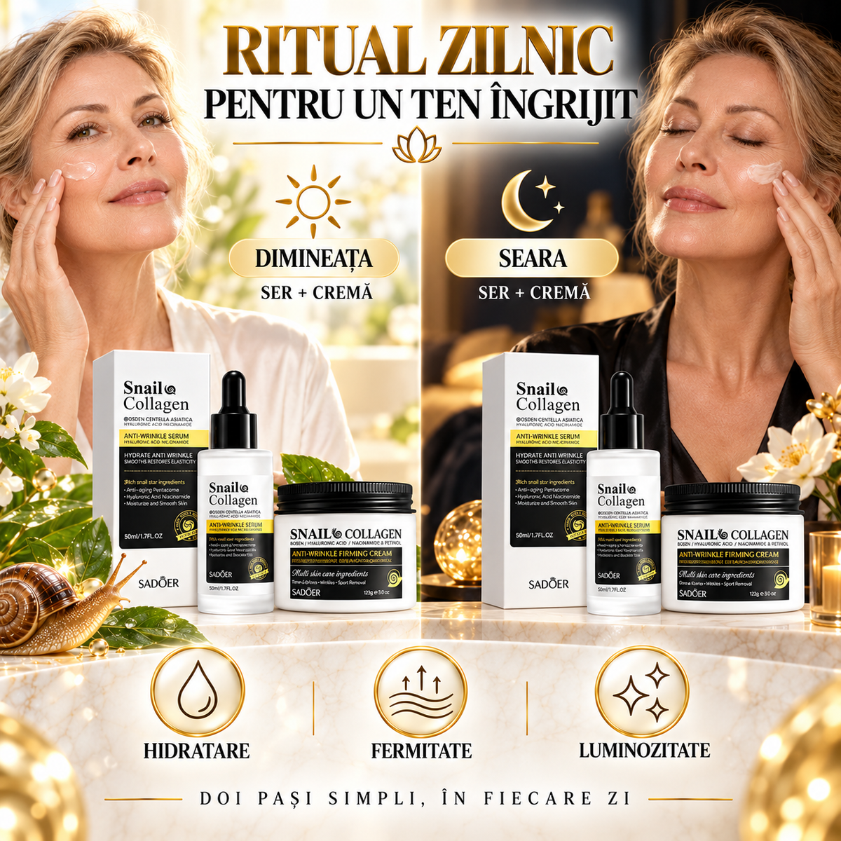Pachet Îngrijire Ten: Cremă Anti-Rid cu Colagen de Melc și Acid Hialuronic (120g)+ Ser Facial cu Colagen de Melc și Acid Hialuronic (50ml), DUO Anti-Îmbătrânire, Anti-Riduri, Redă Fermitate și Aspectul Tânăr al Tenului