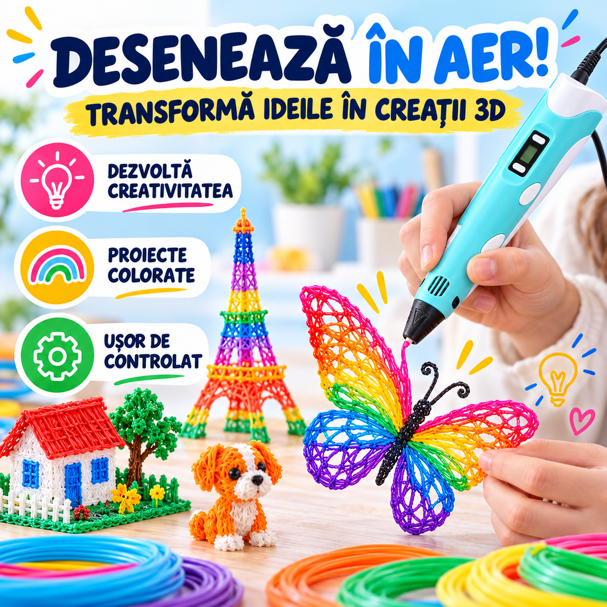 Creion-Stilou Inteligent 3D cu Afișaj și Filamente pentru Desenat în Spațiu, Duză 0,7mm, Temperatură Reglabilă 160-230°C și Filament PLA 120m Inclus, 12V