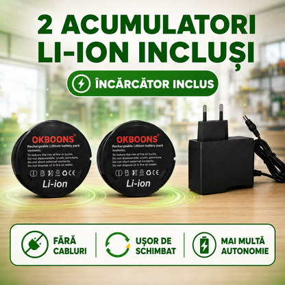 Set Complet: Flex Unghiular 10.000 RPM + Bormașină 1.400 RPM, cu 2 Acumulatori Li-ion Incluși, 5 Discuri Ø76mm, Încărcător