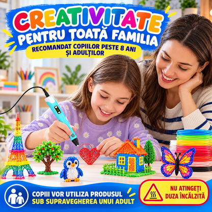 Creion-Stilou Inteligent 3D cu Afișaj și Filamente pentru Desenat în Spațiu, Duză 0,7mm, Temperatură Reglabilă 160-230°C și Filament PLA 120m Inclus, 12V