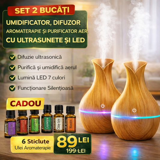 Set 2 Bucăți - Umidificator, Difuzor Aromaterapie și Purificator Aer, cu Ultrasunete și LED + CADOU: 6 Sticluțe Ulei Aromaterapie