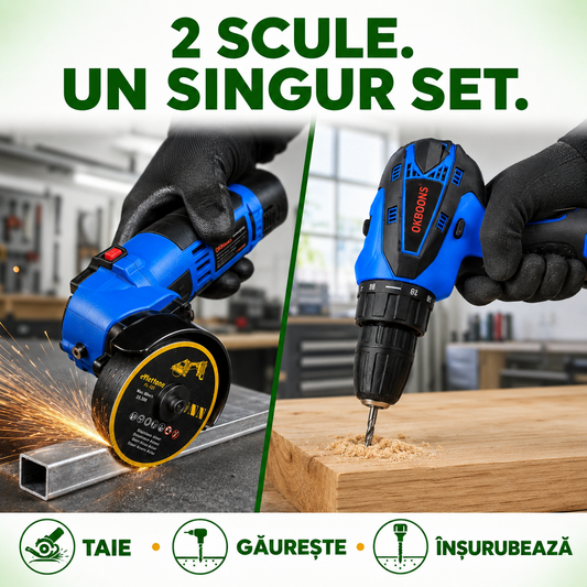 Set Complet: Flex Unghiular 10.000 RPM + Bormașină 1.400 RPM, cu 2 Acumulatori Li-ion Incluși, 5 Discuri Ø76mm, Încărcător