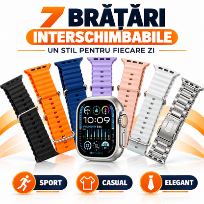 Super-Set SmartWatch ULTRA cu 7 Brățări Interschimbabile, Căști Bluetooth și Încărcător Wireless MagSafe