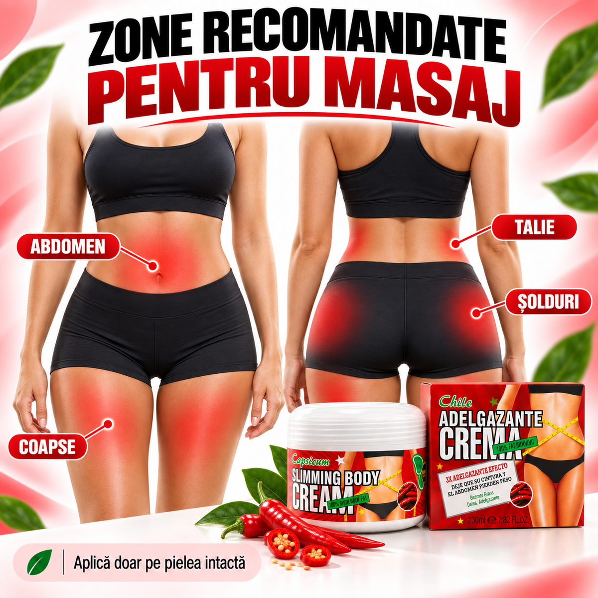 Cremă Remodelare Corporală, Ajută la SLĂBIRE, ANTI-CELULITĂ și TONIFIERE, cu Ardei Iute, L-Carnitina și Extracte de Alge Marine și Cacao, 230ml