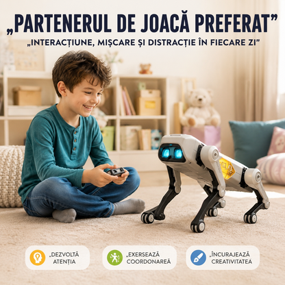 Robot Câine Inteligent, Programabil, Control prin Telecomandă, Aplicație sau Comenzi Vocale, 20+ Funcții Interactive (Muzică, Dans, Lumini LED, Imită Înotul, Stă în 2 Labe, etc.)