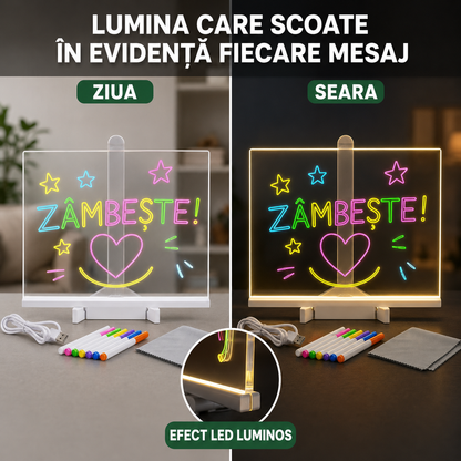 1+1 GRATIS | Set Tăbliță LED cu Suport pentru Desenat sau Scris Mesaje, Reutilizabilă, cu 7 Carioci și Lavete pentru Șters, ideală pentru Copii (Desenat, Scris, Pictat) sau pentru Adulți (Notițe, Memo, Mesaje), Dimensiune 30x20cm, Alimentare USB