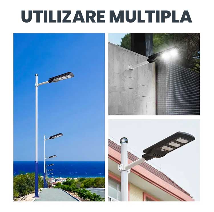 Lampă LED Stradală cu Panou Solar, Acumulator Intern, Senzor de Mișcare, Telecomandă, Sistem Prindere Inclus