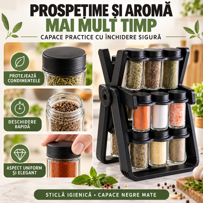 Organizator Condimente cu 18 Borcane și Suport Rotativ la 360°