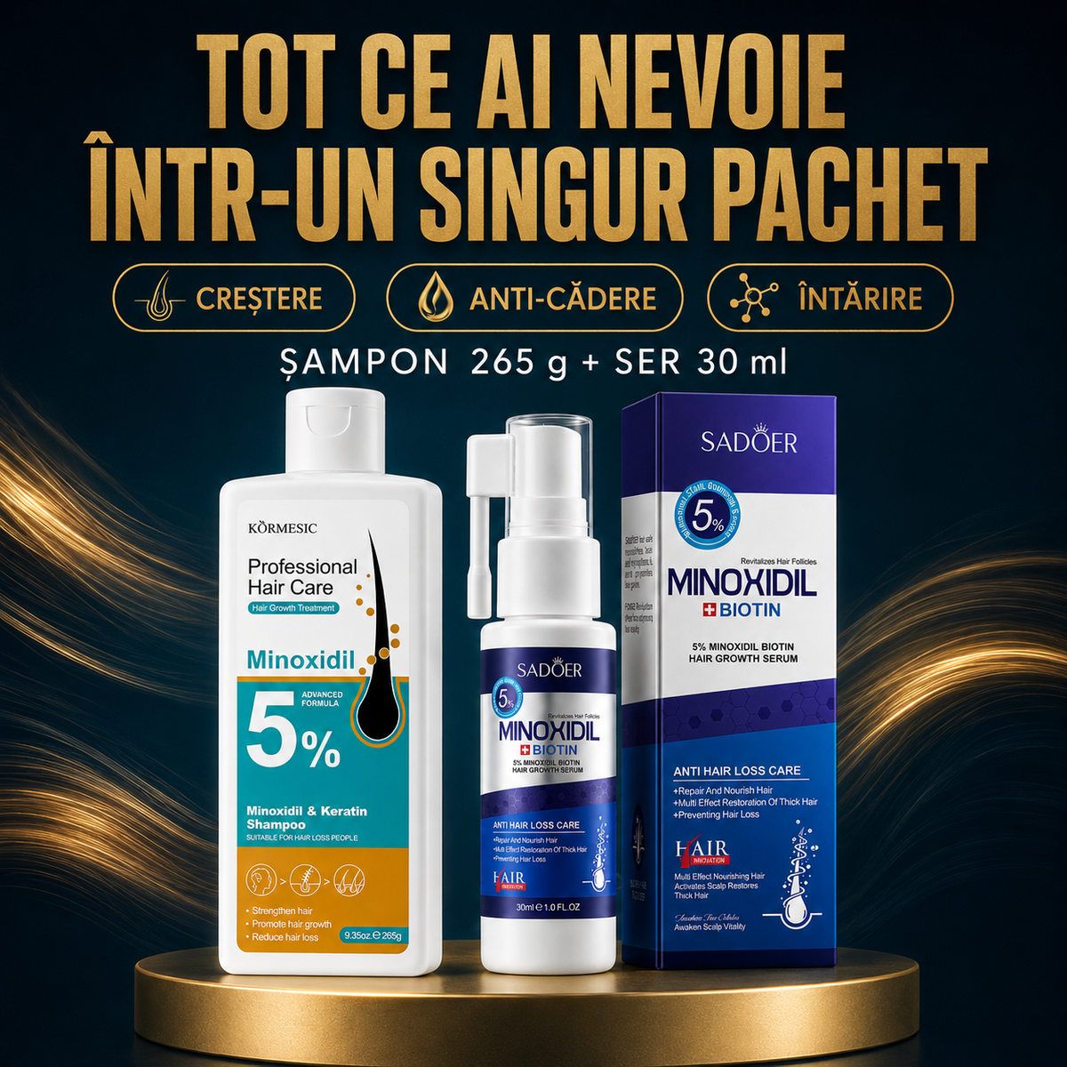 Pachet pentru Creșterea Părului și Anti-Cădere: Șampon cu Minoxidil 5% și Keratină, 265g + Set pentru Scalp cu Minoxidil 5% + Biotin, 30ml