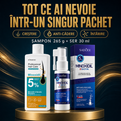 Pachet pentru Creșterea Părului și Anti-Cădere: Șampon cu Minoxidil 5% și Keratină, 265g + Set pentru Scalp cu Minoxidil 5% + Biotin, 30ml