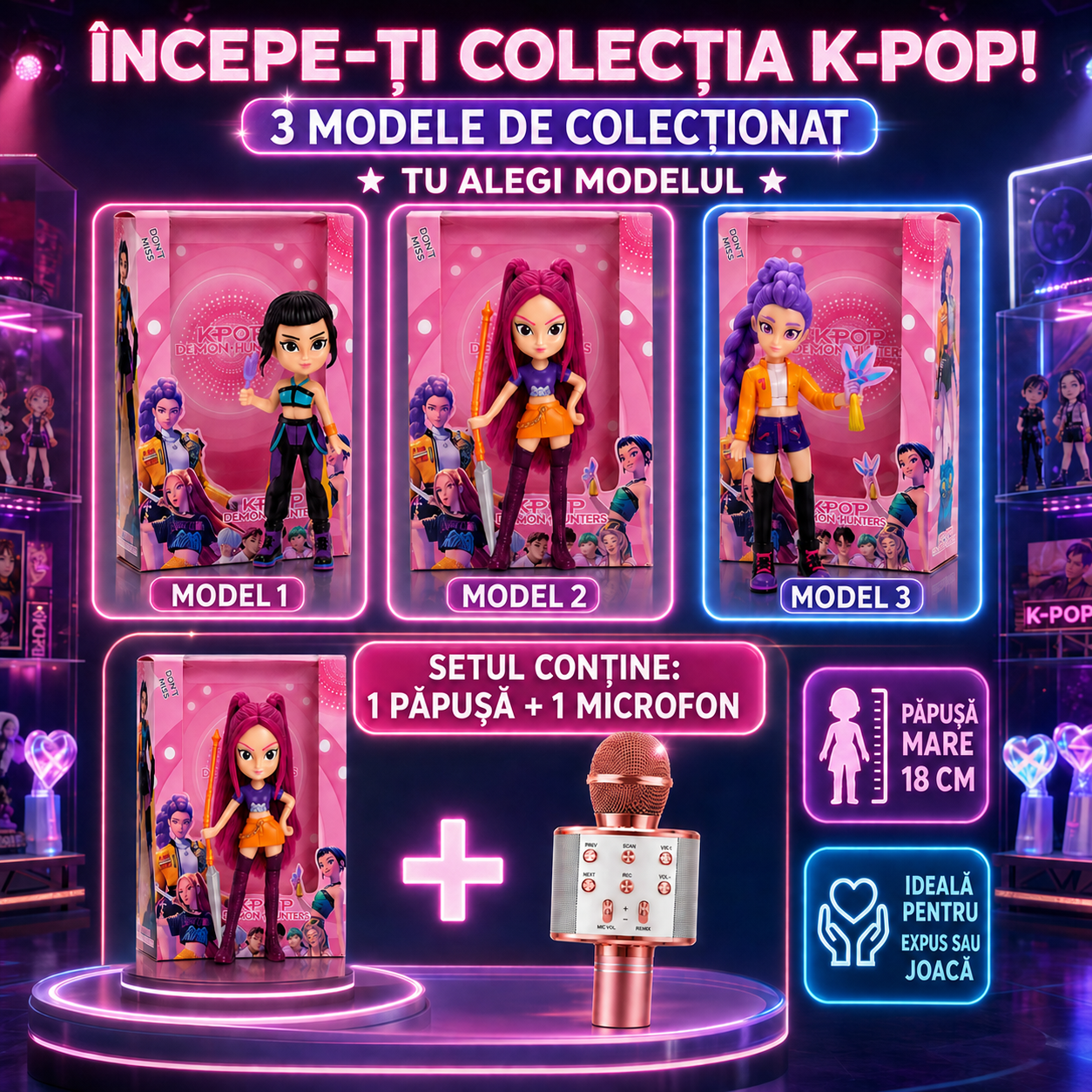 Set K-POP: Păpușă K-Pop Demon Hunters 18cm, cu Accesorii și Cutie Cadou + Microfon Wireless cu Boxă pentru Karaoke (Bluetooth si Radio)