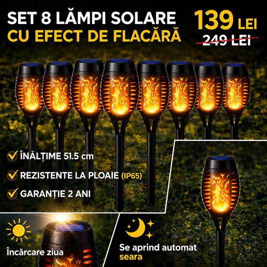Set 8 Lămpi Solare pentru Grădină, cu Efect de Flacără (foarte Spectaculoase), Înălțime 51.5 cm, Rezistență la Ploaie (IP65), Mod Automat Noapte/Zi