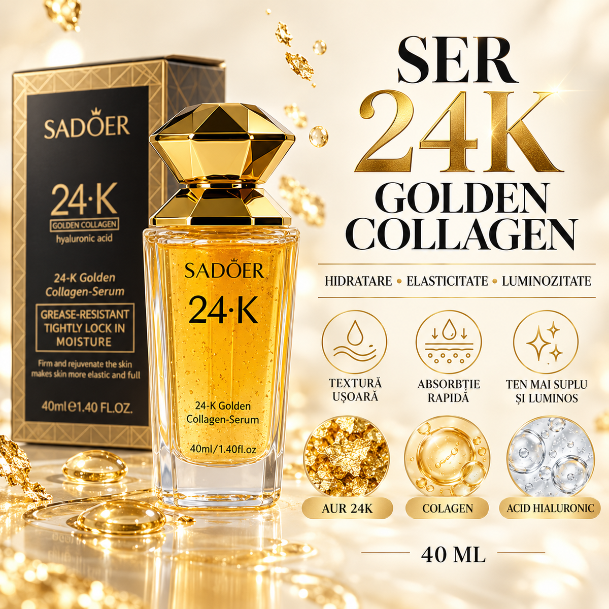 Set Îngrijire Ten 24K Golden Collagen - Cremă Anti-Rid, Ser cu Acid Hialuronic și 5 Măști Fagure Aurii + CADOU Parfum Arăbesc Farah (40ml+40ml+5x28ml+35ml)