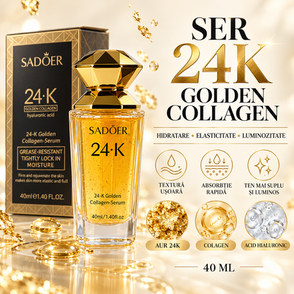Set Îngrijire Ten 24K Golden Collagen - Cremă Anti-Rid, Ser cu Acid Hialuronic și 5 Măști Fagure Aurii + CADOU Parfum Arăbesc Farah (40ml+40ml+5x28ml+35ml)
