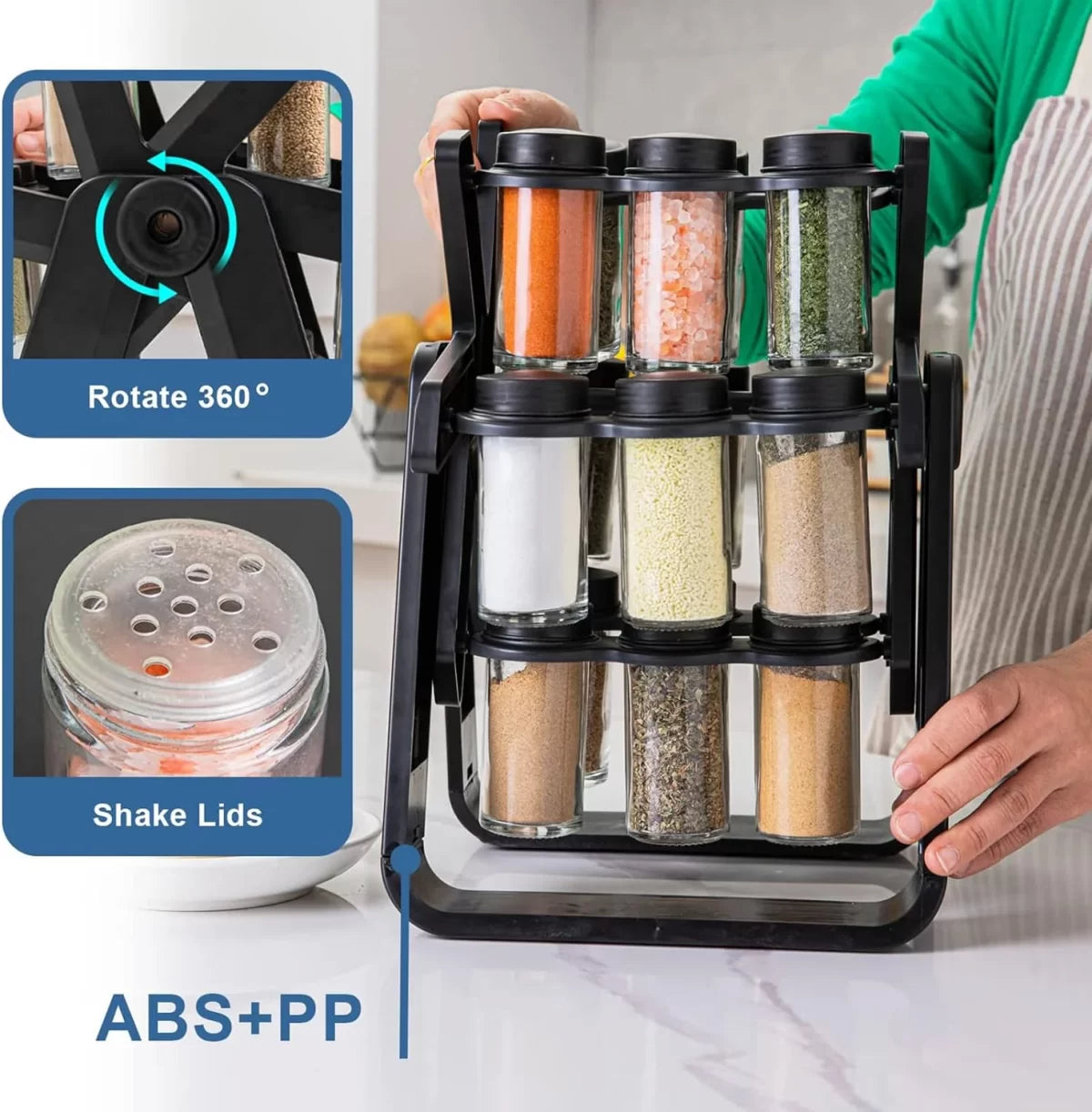 Organizator Condimente cu 18 Borcane și Suport Rotativ la 360°