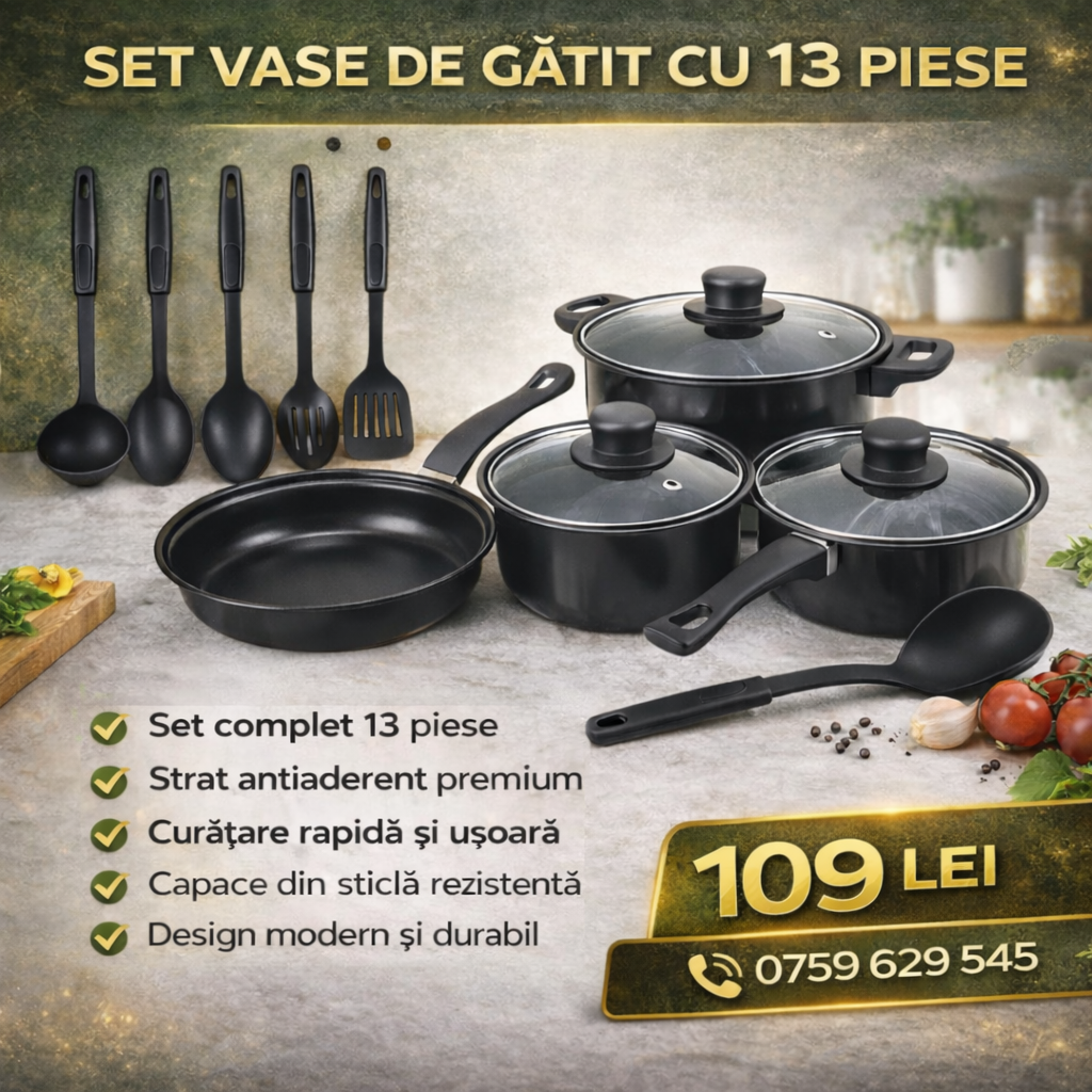 Set Complet Vase de Gătit 13 Piese – Antiaderent Premium, Capace Sticlă și Ustensile Incluse