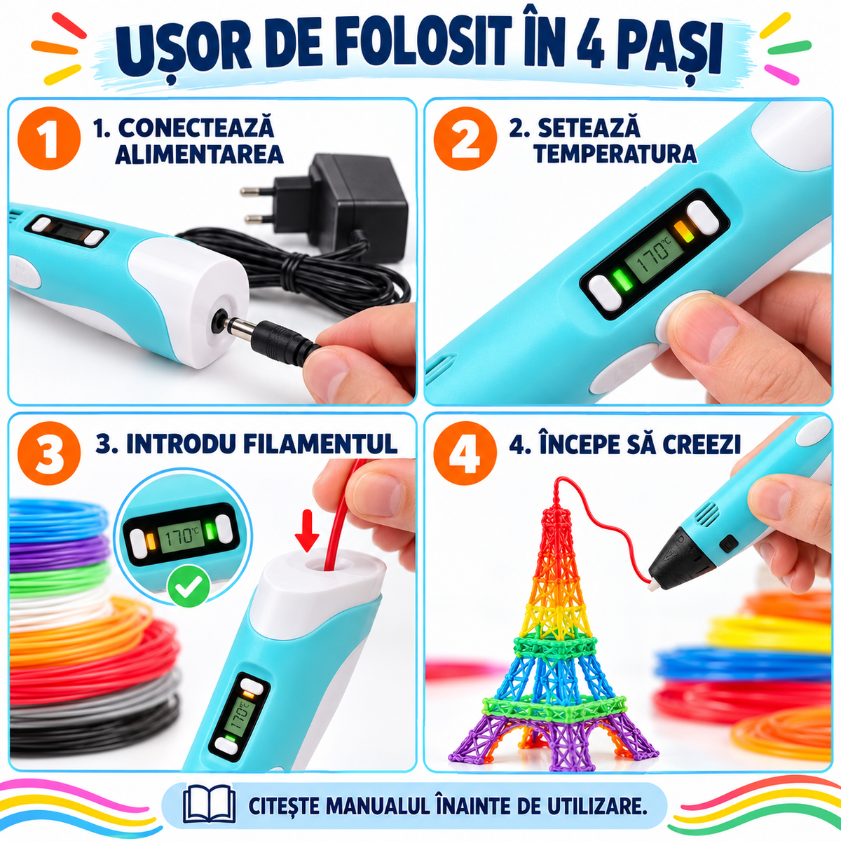 Creion-Stilou Inteligent 3D cu Afișaj și Filamente pentru Desenat în Spațiu, Duză 0,7mm, Temperatură Reglabilă 160-230°C și Filament PLA 120m Inclus, 12V