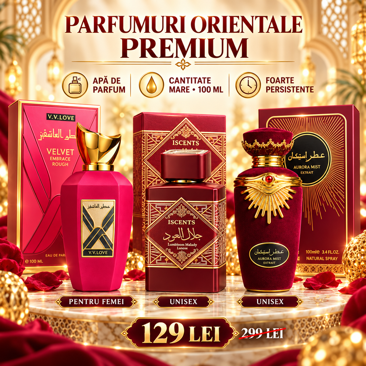 Apă de Parfum Oriental Premium, 100ml, Persistență Îndelungată, Unisex (3 Arome la Alegere: Velvet Embrace, Arabic, Aurora Mist)